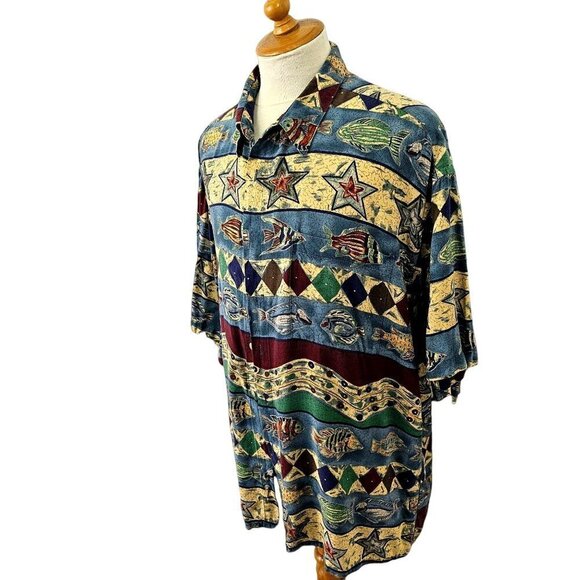 80s-90s Pierre Cardin Hawaiian Shirt Fish Pattern Collared Mens 2XL Blue Multi - Picture 6 of 10